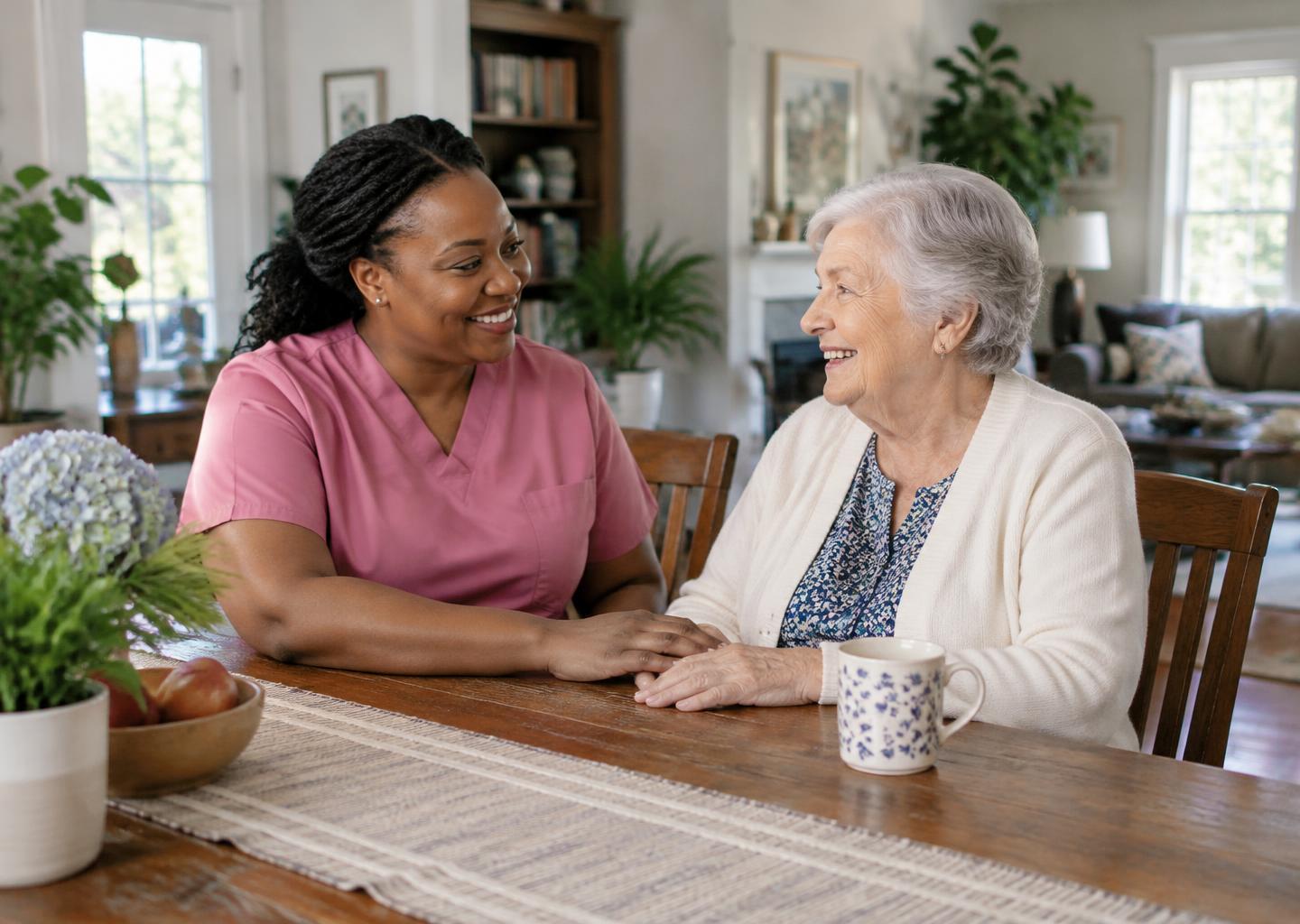 A caregiver and an older woman sharing a warm conversation