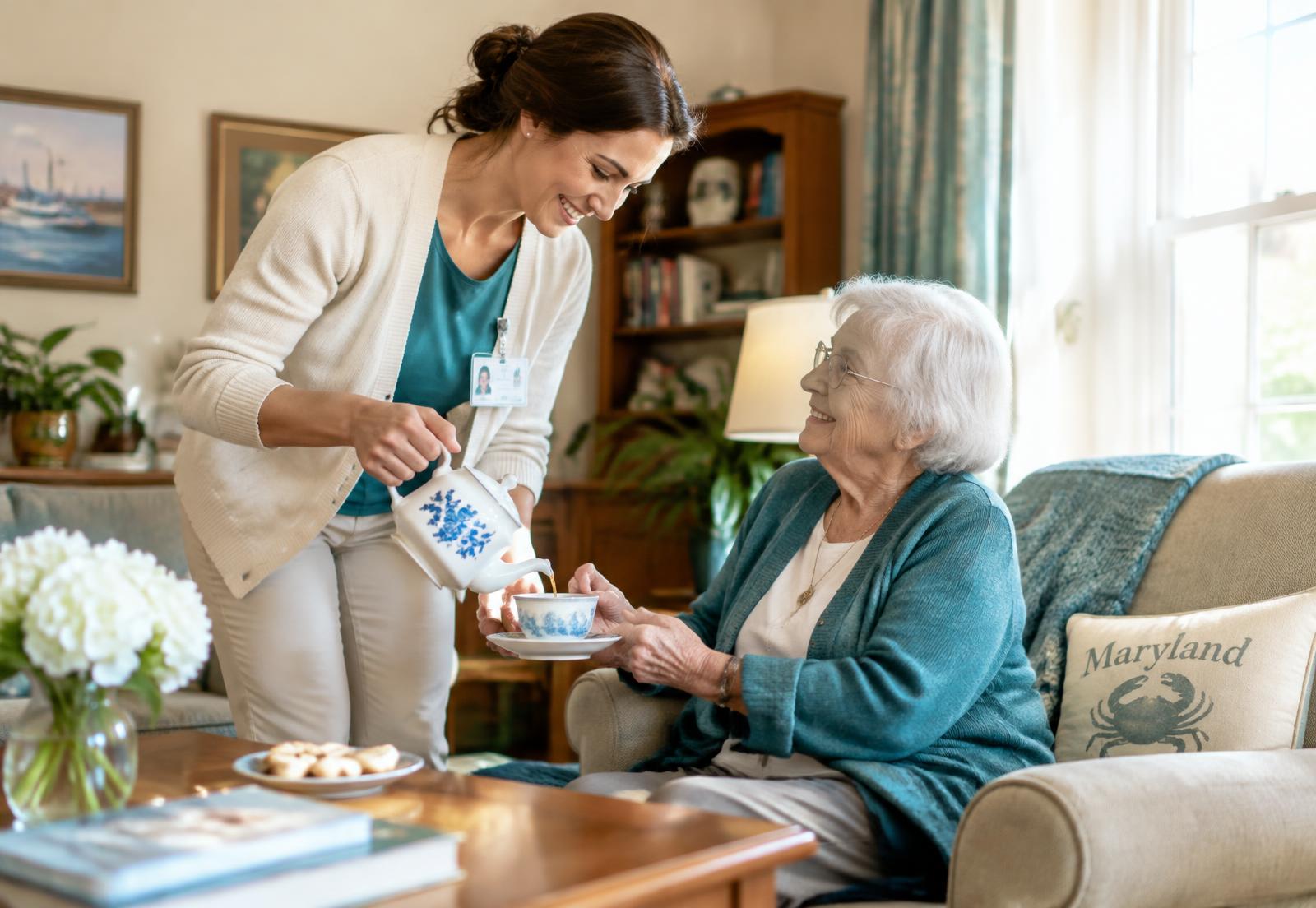 A caregiver serving tea to a smiling older woman at home